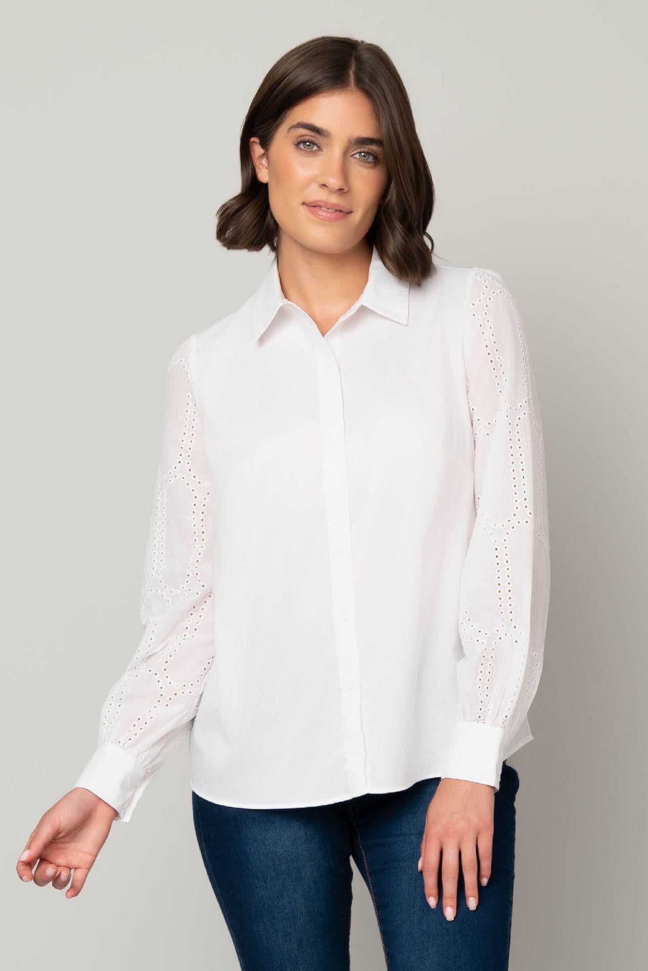 Eyelet Sleeve Button Front Poplin Top