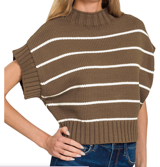 ZENANA STRIPED CROPPED MOCK NECK SWEATER TW-2544Y