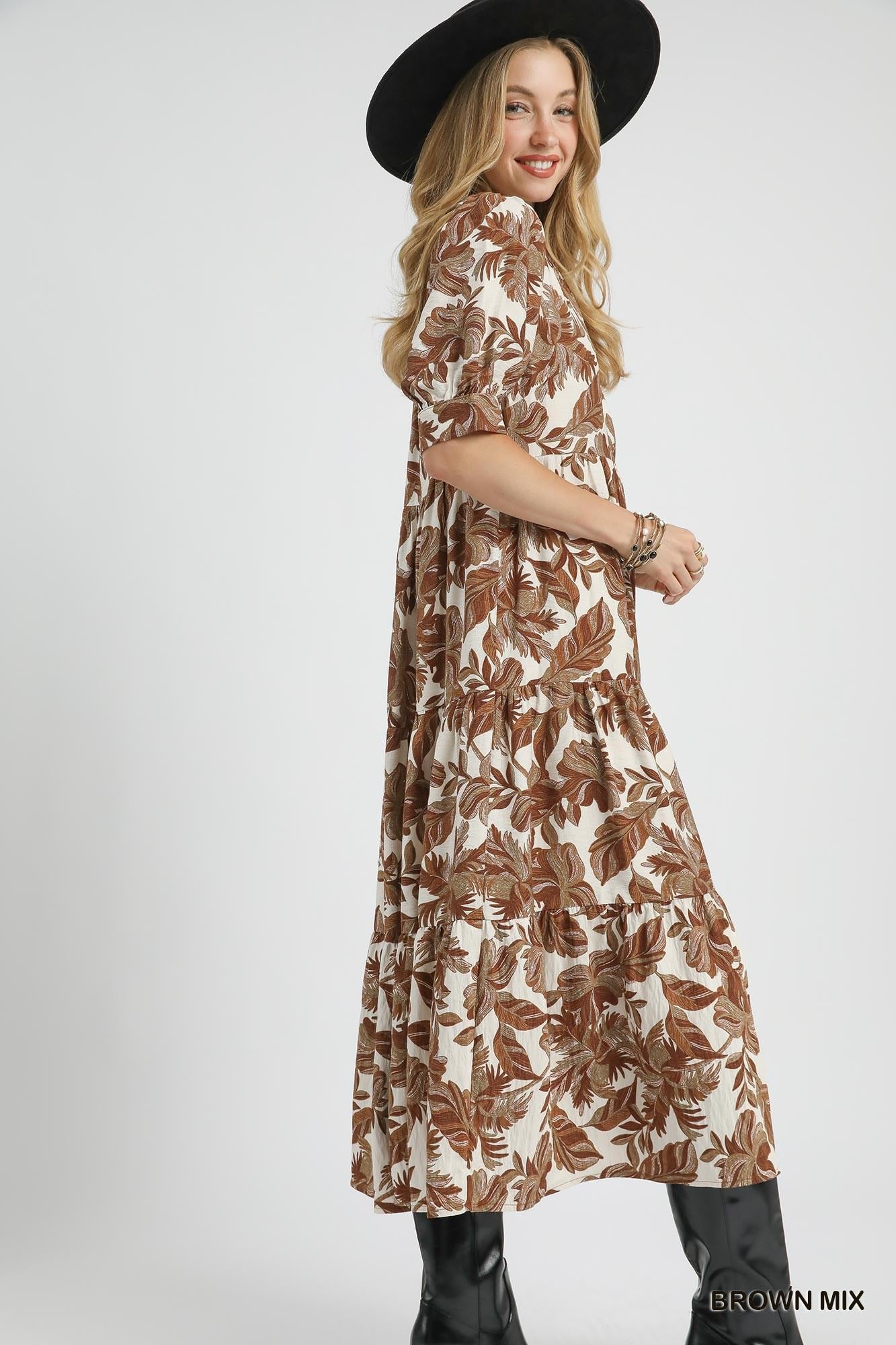 UMGEE Boho Print Tiered Midi Dress - Brown Mix
