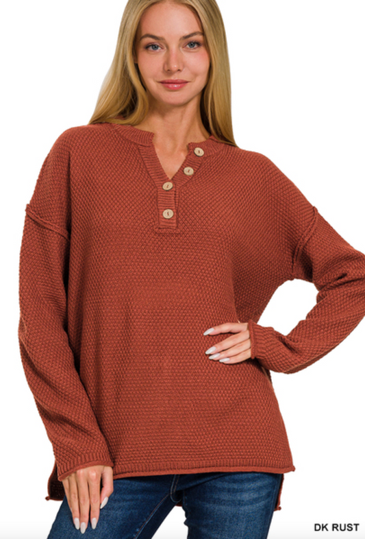 ZENANA HENLEY NECKLINE BASIC SWEATER