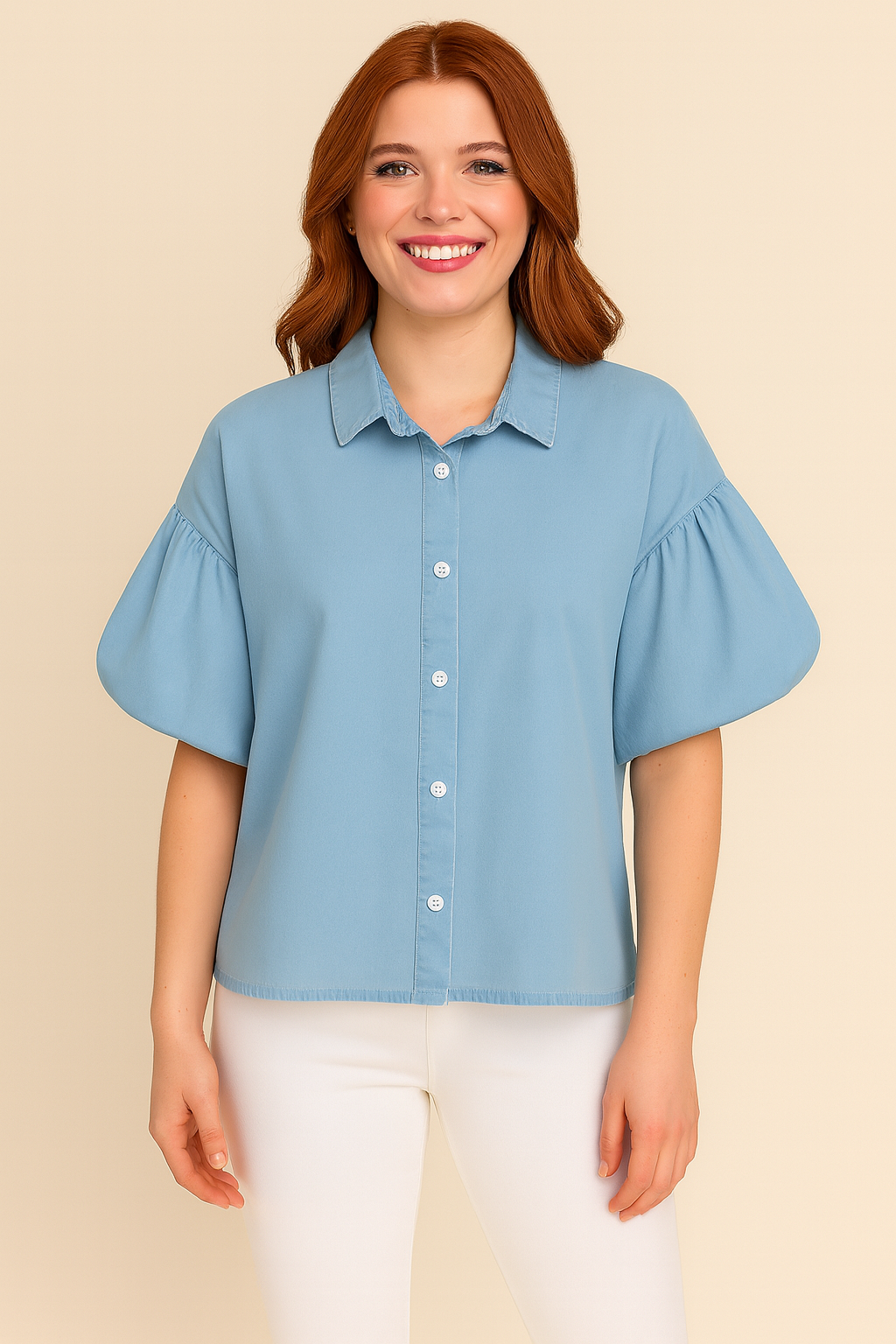 Tencel Puff Sleeve Button Front Top