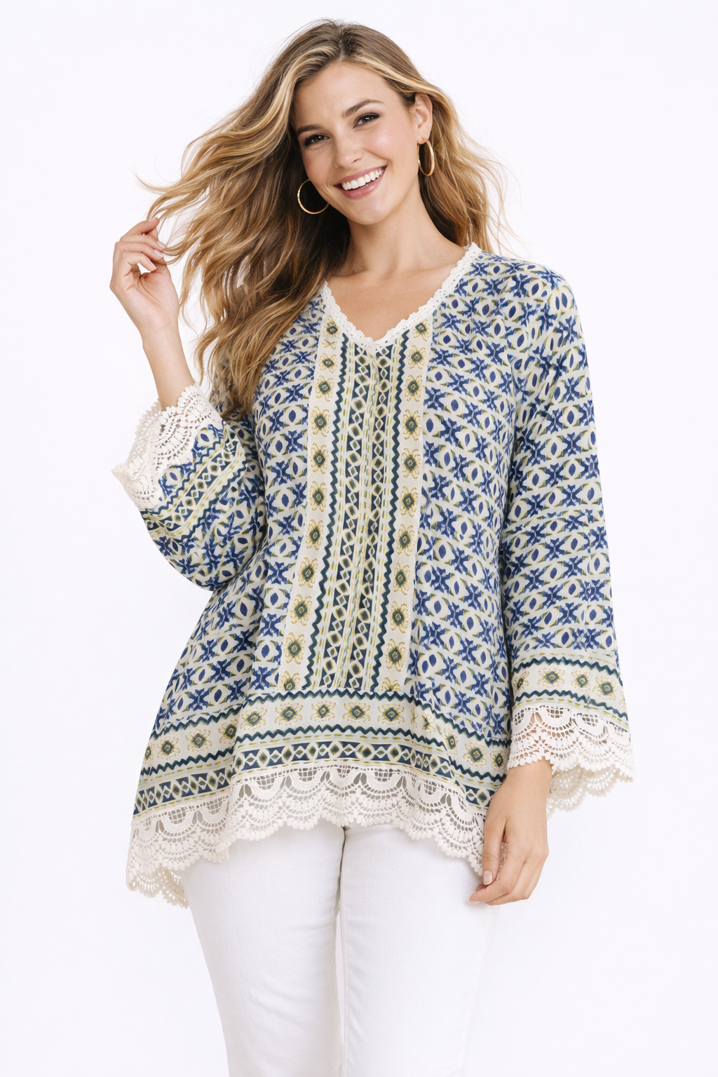 Crochet Trim V-Neck Blouse Mint/Blue