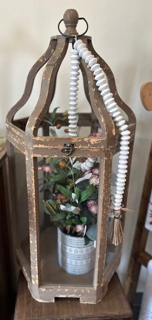 Brown Distressed Wood Lantern With Glass