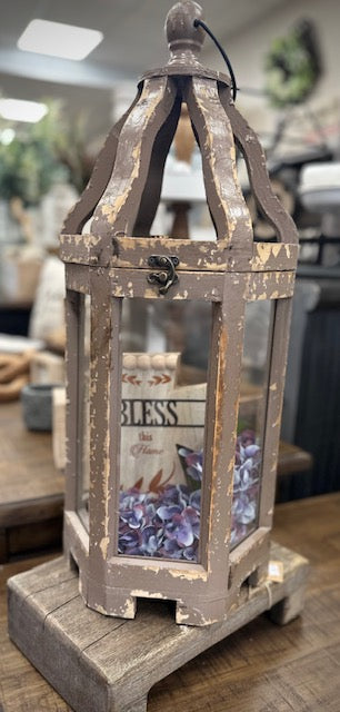 Brown Distressed Wood Lantern With Glass