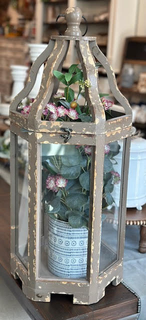 Brown Distressed Wood Lantern With Glass